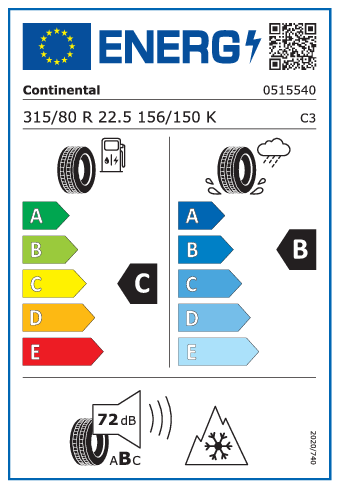 315/80 R22,5 Continental Conti CrossTrac HS3 156/150K - energetický štítok