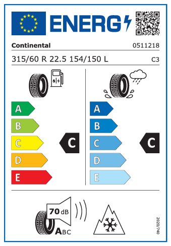 315/60 R22,5 Continental Conti EcoPlus HS3+ 154/150L - energetický štítok